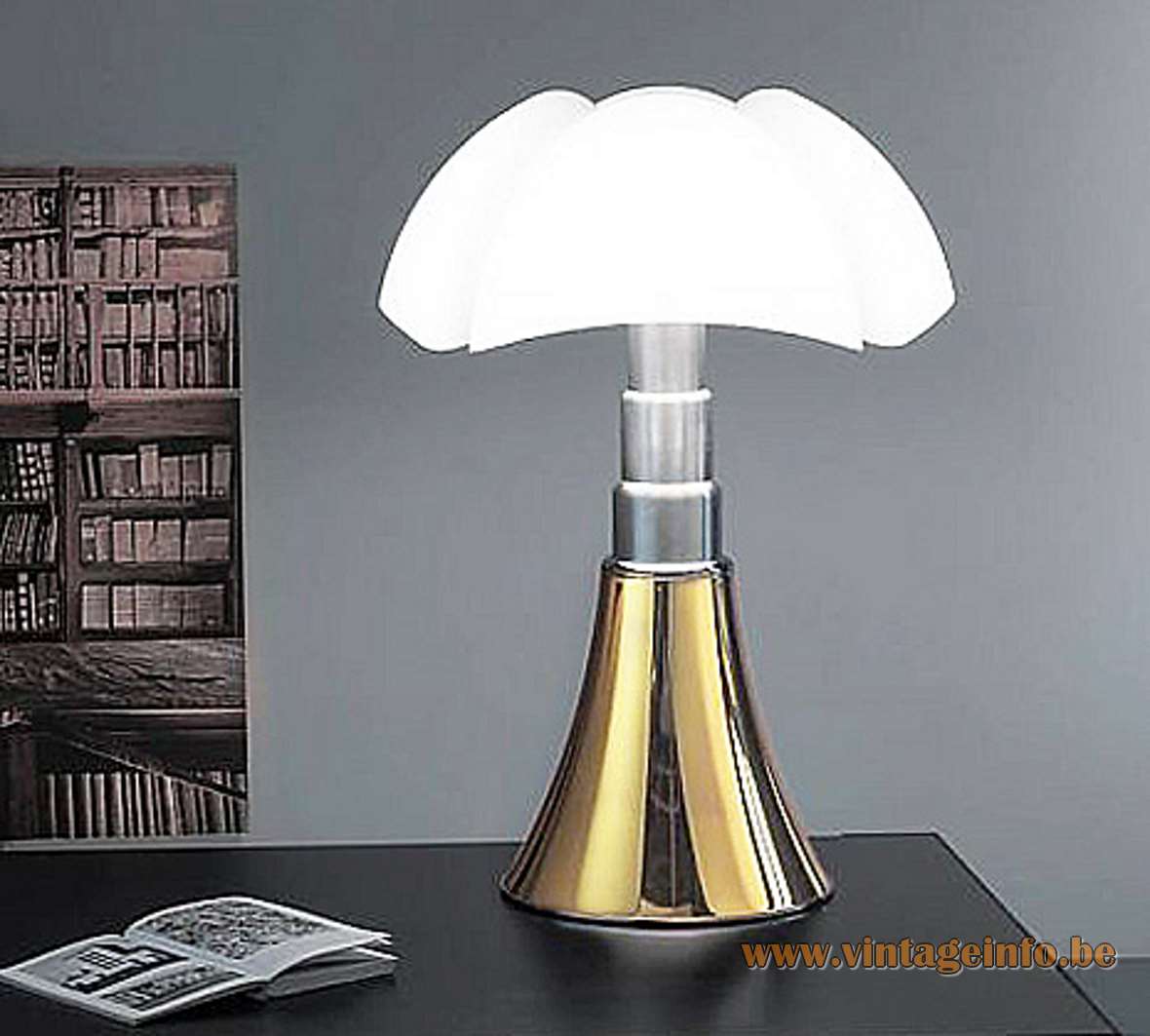 Martinelli Luce Pipistrello table lamp design: Gae Aulenti white acrylic bat lampshade adjustable metal base 1960s 