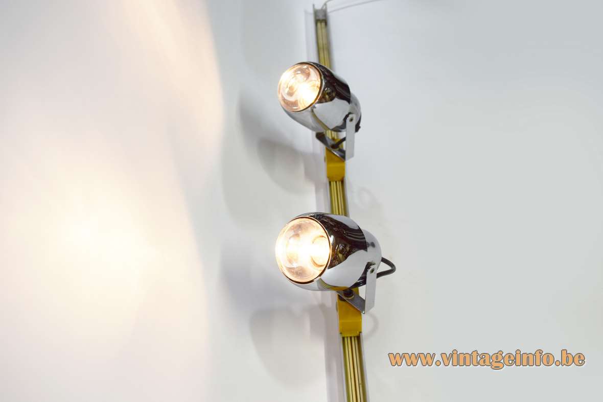 Mid-century chrome spotlights 3 chrome tubular lampshades aluminium rail E27 lamp sockets Massive Belgium 1960s 1970s 