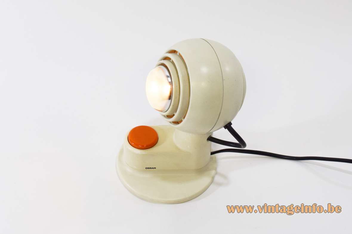Osram Concentra Agilo table lamp Schlagheck Schultes Design white metal orange plastic button magnet globe 1970s