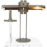 Peculiar machine desk lamp clear acrylic base grey rods elongated lampshade chrome caps Belgium 1990s 2000s