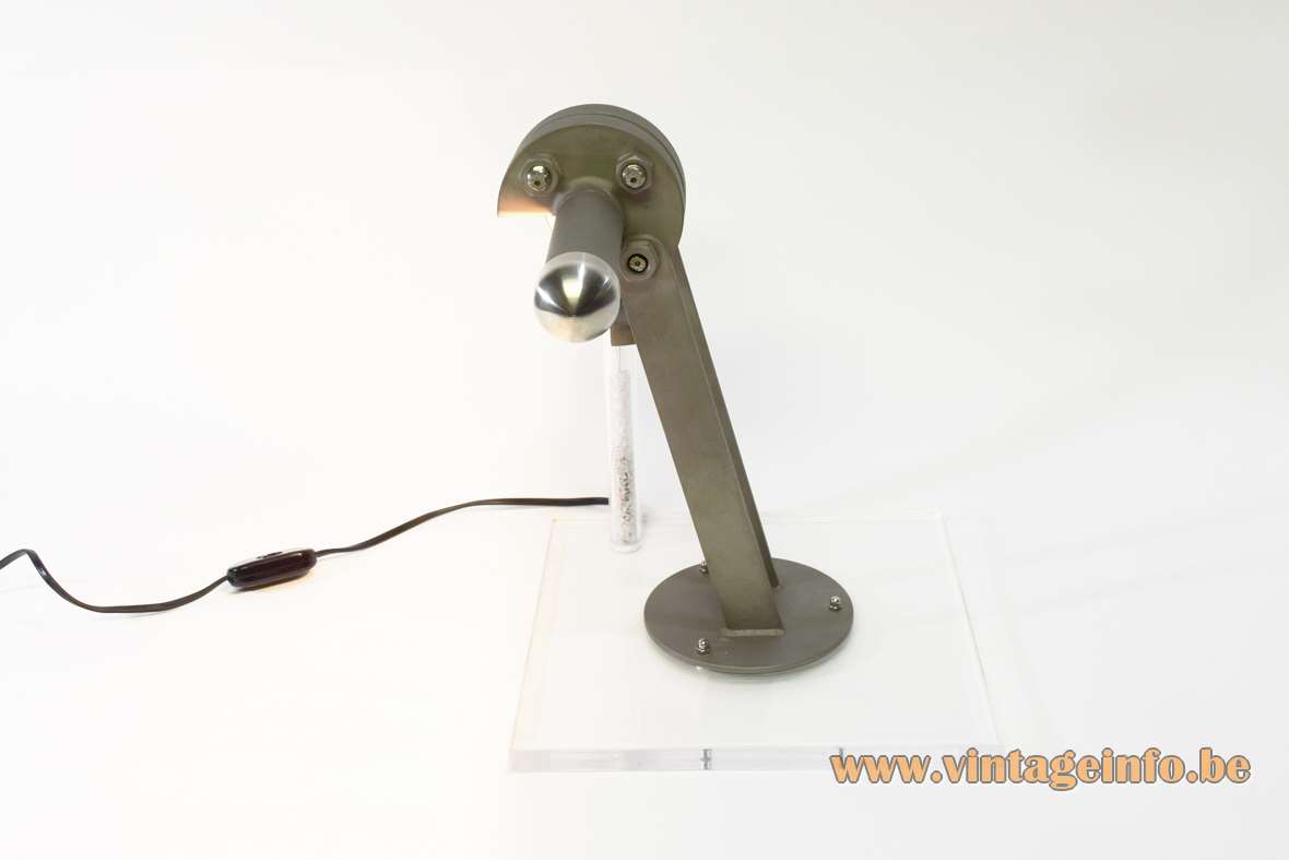 Peculiar machine desk lamp clear acrylic base grey rods elongated lampshade chrome caps Belgium 1990s 2000s
