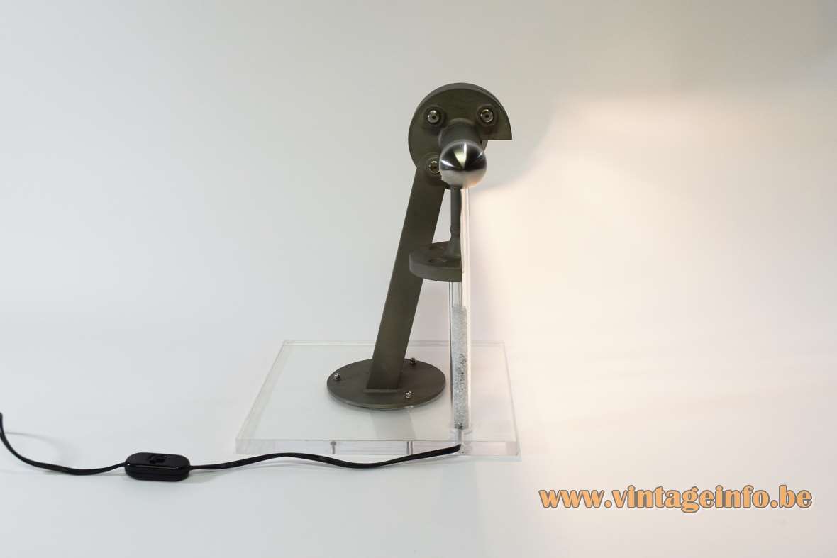 Peculiar machine desk lamp clear acrylic base grey rods elongated lampshade chrome caps Belgium 1990s 2000s
