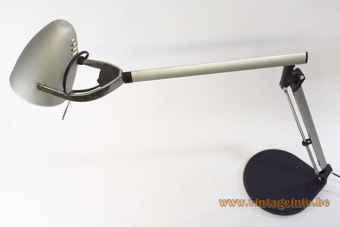 Quattrifolio Boris desk lamp 1992 design black base aluminium rods silver plastic conical lampshade Italy 1990s
