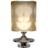 Silver enamelled ceramic table lamp round chrome Saturn base UFO disc fabric lampshade 1960s 1970s Italy