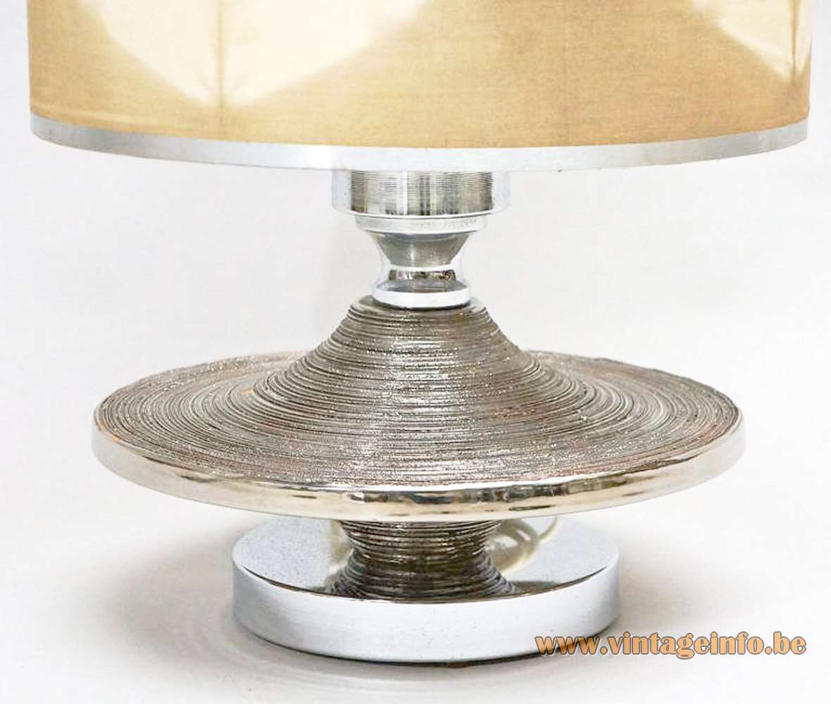 Silver enamelled ceramic table lamp round chrome Saturn base UFO disc fabric lampshade 1960s 1970s Italy