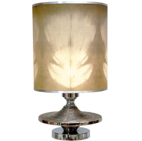 Silver enamelled ceramic table lamp round chrome Saturn base UFO disc fabric lampshade 1960s 1970s Italy