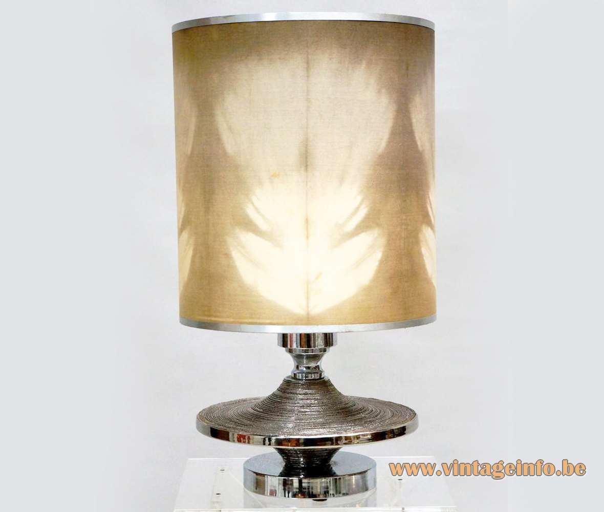 Silver enamelled ceramic table lamp round chrome Saturn base UFO disc fabric lampshade 1960s 1970s Italy