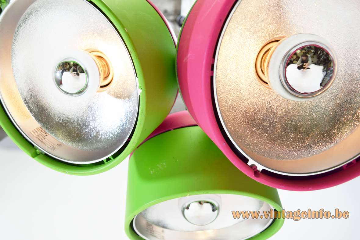 Staff pendant lamps 5518 fluo green & pink round plastic lampshades chrome reflector Staff Leuchten Germany 1970s 