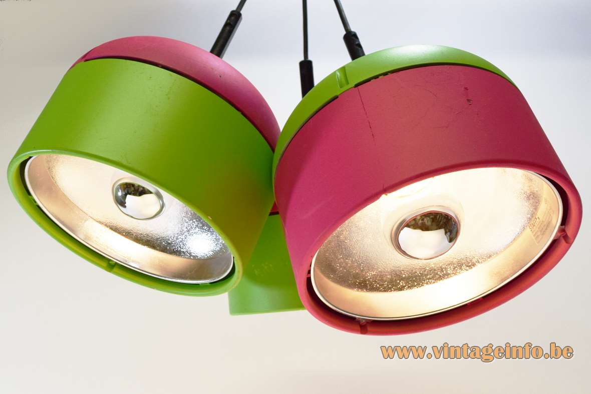 Staff pendant lamps 5518 fluo green & pink round plastic lampshades chrome reflector Staff Leuchten Germany 1970s 