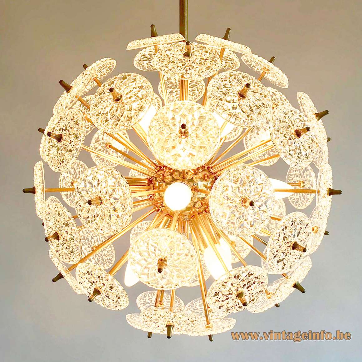 Val Saint Lambert Sputnik chandelier glass discs lampshade brass rods Massive Boulanger 12 E14 sockets Belgium