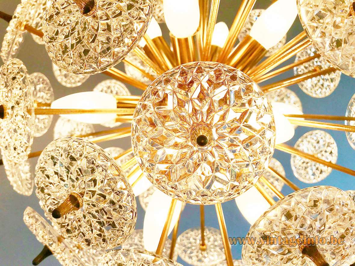 Val Saint Lambert Sputnik chandelier glass discs lampshade brass rods Massive Boulanger 12 E14 sockets Belgium