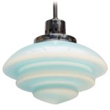 1930s Taito art deco pendant lamp design: Pavoo Tynell blue opal glass lampshade chrome rod Finland