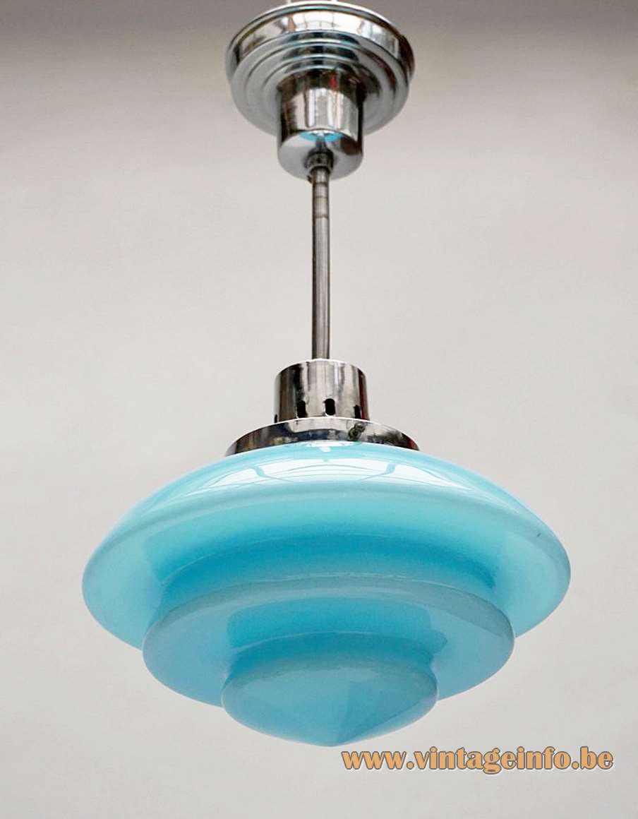 1930s Taito art deco pendant lamp design: Pavoo Tynell blue opal glass lampshade chrome rod Finland