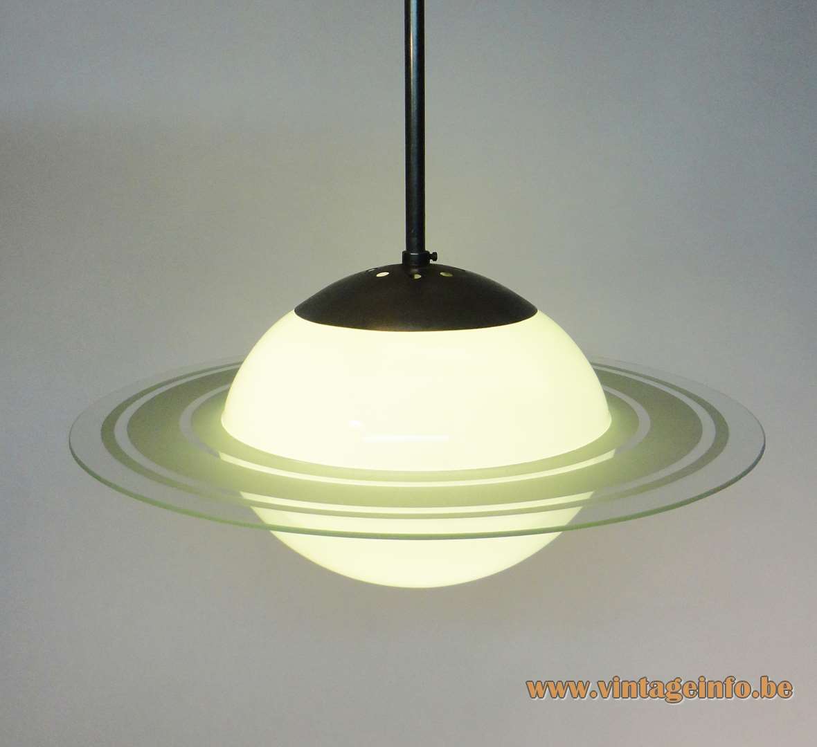 1930s Saturn pendant lamp art deco light green glass globe lampshade & ring chrome rod 1920s Bauhaus 