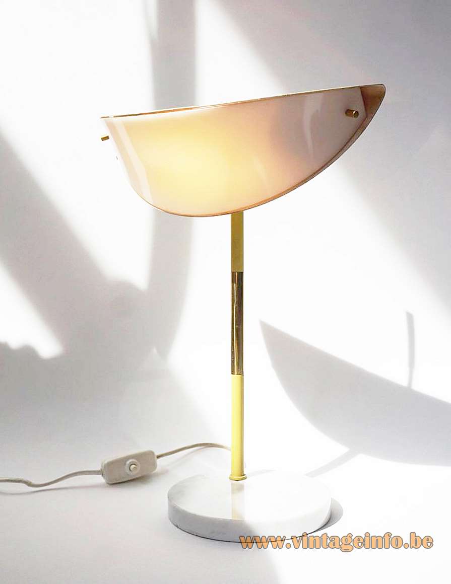 1950s handle table lamp Stilux round marble base brass rod yellow & acrylic slice lampshade Italy 1960s