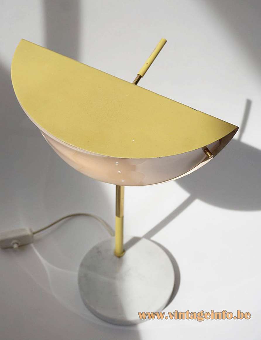 1950s handle table lamp Stilux round marble base brass rod yellow & acrylic slice lampshade Italy 1960s