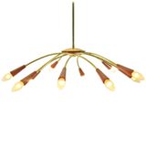 1950s spider chandelier Sputnik lamp brass curved rods 10 light bulbs E14 maroon coloured metal 1960s MCM