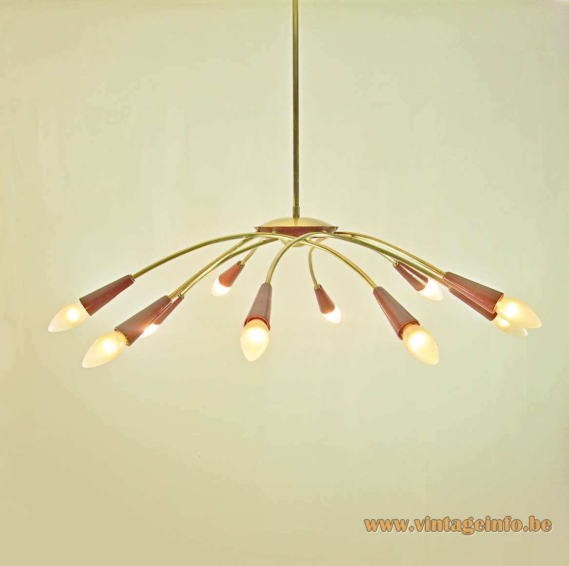 1950s spider chandelier Sputnik lamp brass curved rods 10 light bulbs E14 maroon coloured metal 1960s MCM