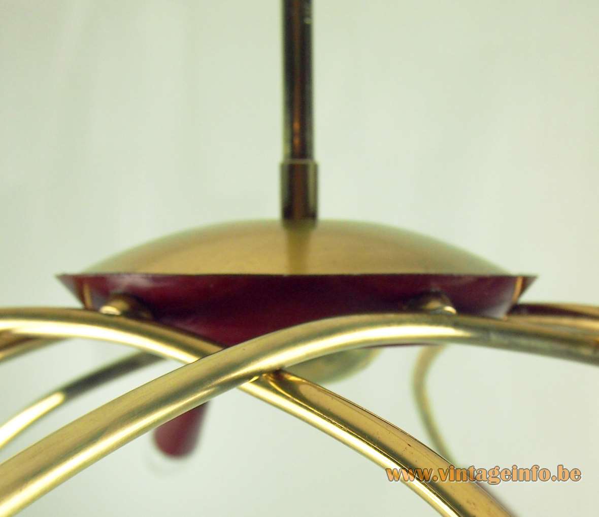1950s spider chandelier Sputnik lamp brass curved rods 10 light bulbs E14 maroon coloured metal 1960s MCM