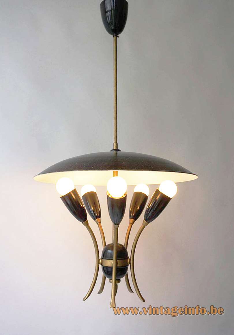 1950s uplighter pendant lamp black mushroom lampshade curved rods 5 conical light bulb holders 1960s E27 sockets