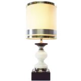 1970s black & white table lamp square black base white opal glass chrome fabric lampshade Massive