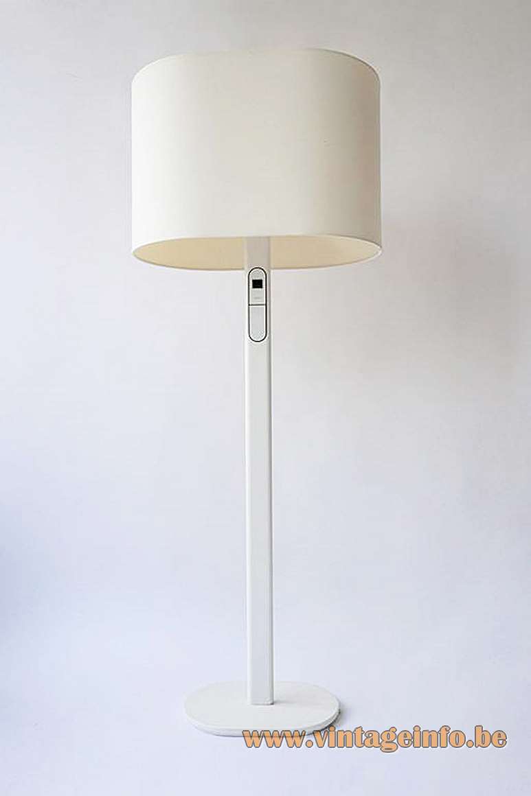 1980s Staff floor lamp white powdercoated oval metal base & long rod fabric lampshade Germany 