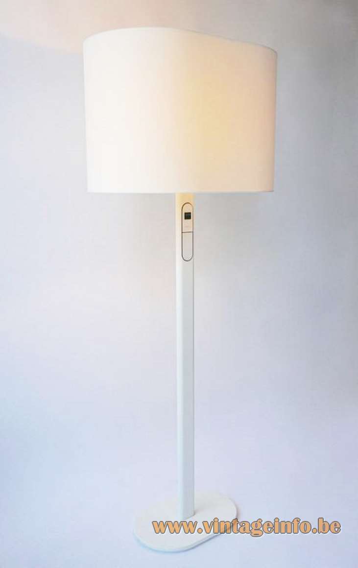 1980s Staff floor lamp white powdercoated oval metal base & long rod fabric lampshade Germany 