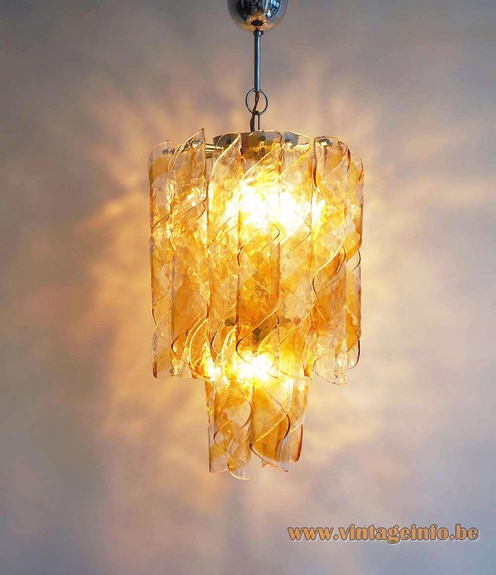 AV Mazzega swirl chandelier design: Carlo Nason amber orange Murano glass spirals chrome frame 1960s 1970s