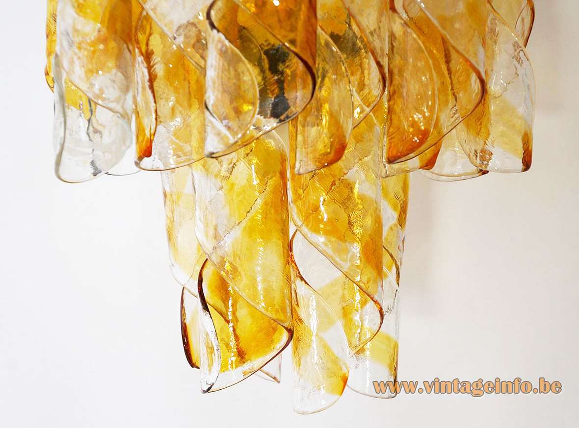 AV Mazzega swirl chandelier design: Carlo Nason amber orange Murano glass spirals chrome frame 1960s 1970s