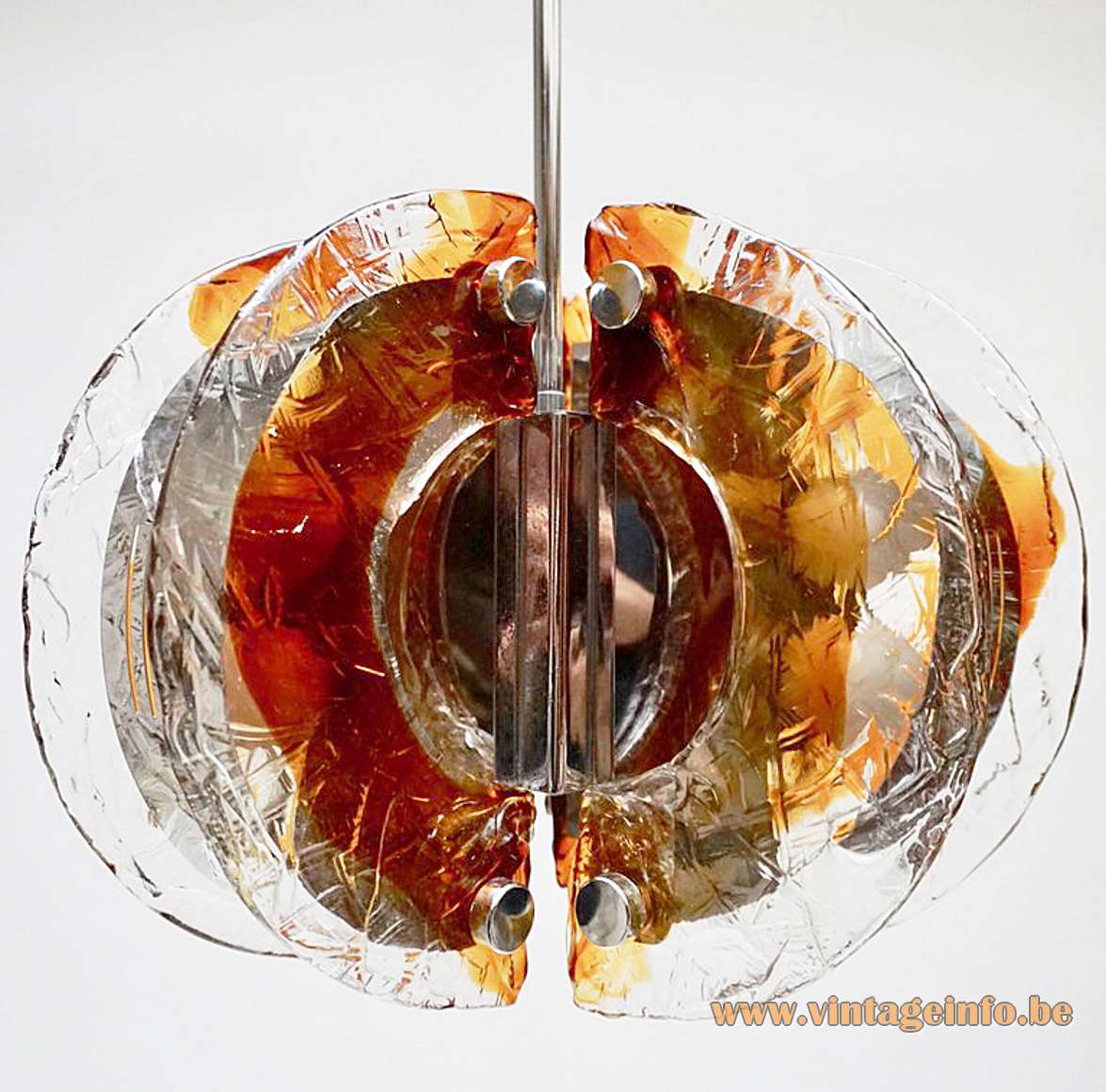 Angelo Brotto amber glass pendant lamp half circles moon citrus parts chrome slats Esperia Italy 1970s