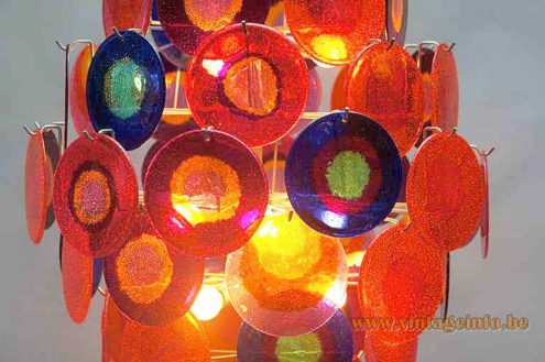 Aro Leuchte multicoloured discs chandelier with 68 acrylic Perspex dishes hanging on a metal wire frame