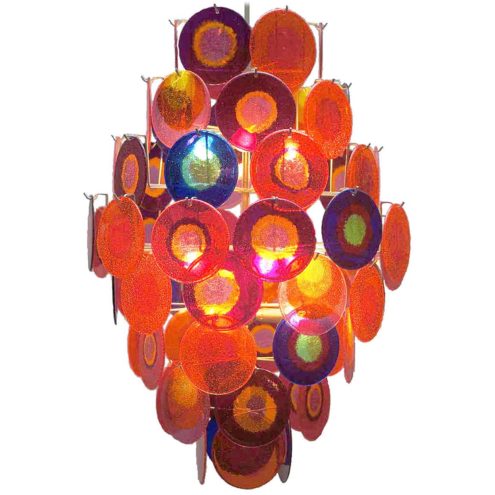 Aro Leuchte multicoloured discs chandelier acrylic shells lampshade wire frame Vistosi design Mazzega Murano 1970s vintage