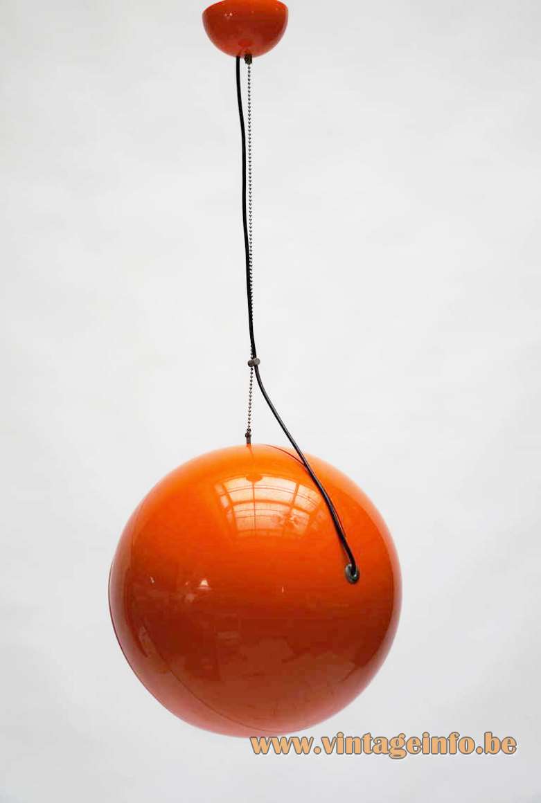 Artemide Pallade pendant lamp 1960s design Big orange-red globe lampshade white round diffuser 1970s Italy