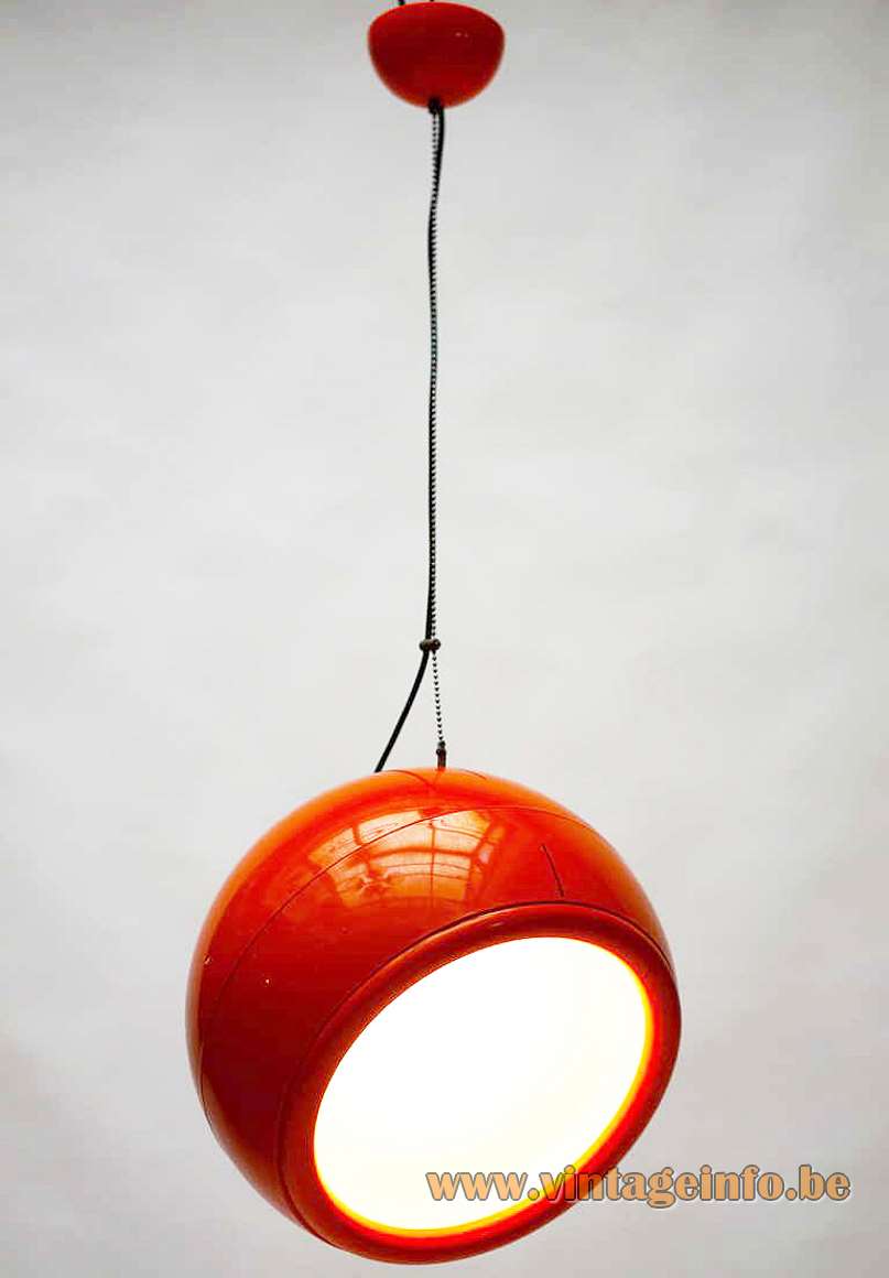 Artemide Pallade pendant lamp 1960s design Big orange-red globe lampshade white round diffuser 1970s Italy