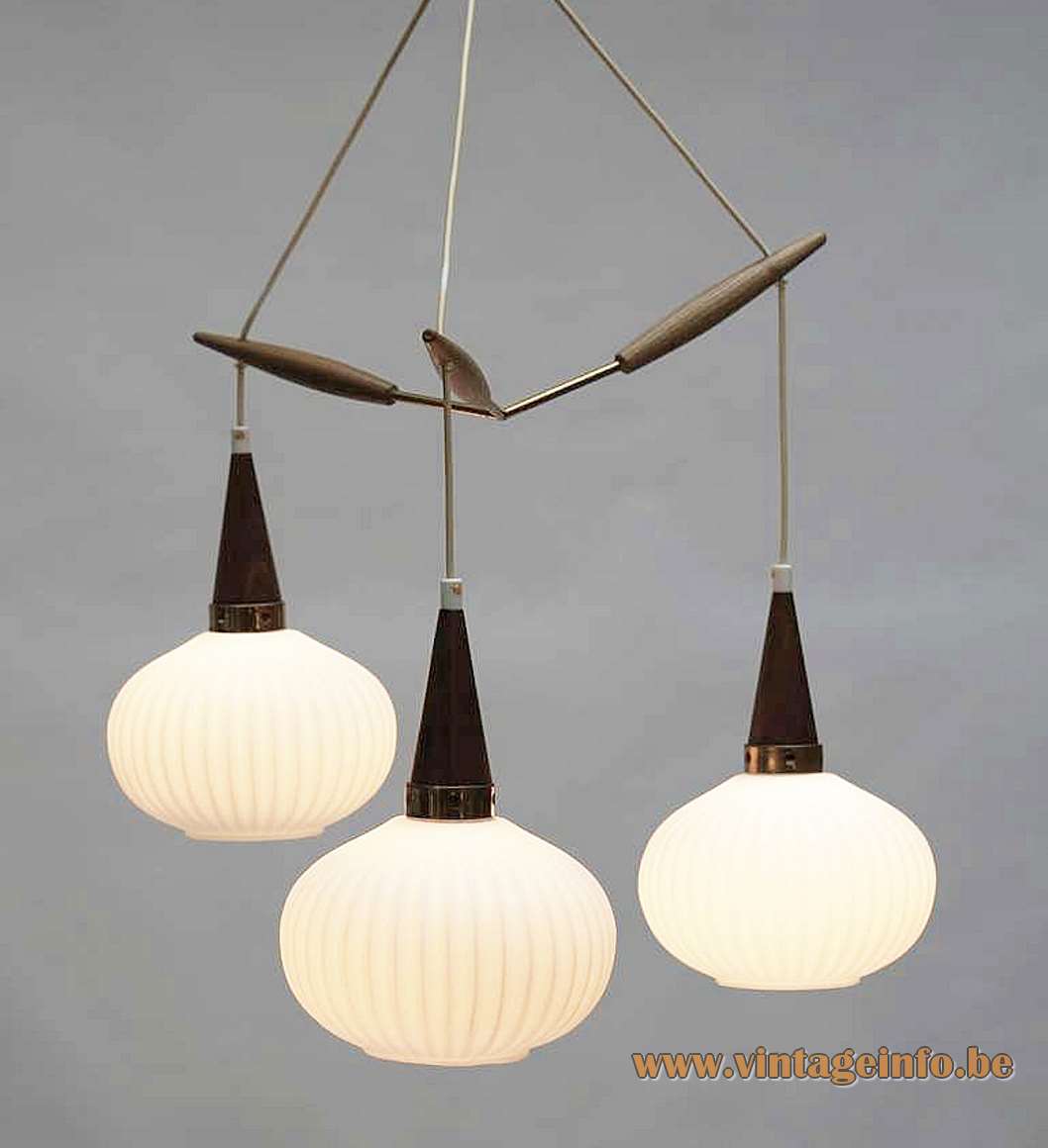 1950s cascade pendant chandelier ribbed opal glass lampshades wood conical rods 1960s Massive Belgium Louis Kalff 