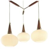 1950s cascade pendant chandelier ribbed opal glass lampshades wood conical rods 1960s Massive Belgium Louis Kalff
