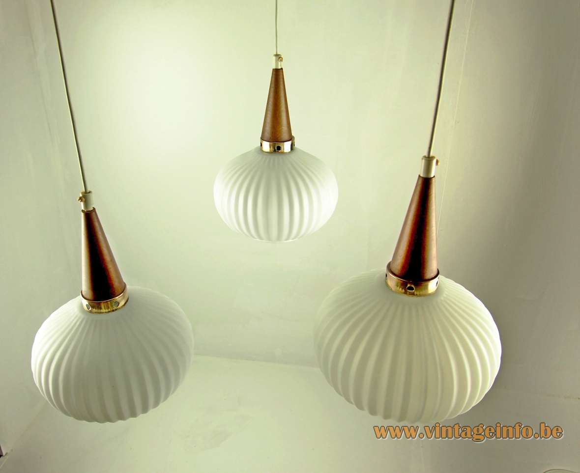 1950s cascade pendant chandelier ribbed opal glass lampshades wood conical rods 1960s Massive Belgium Louis Kalff 