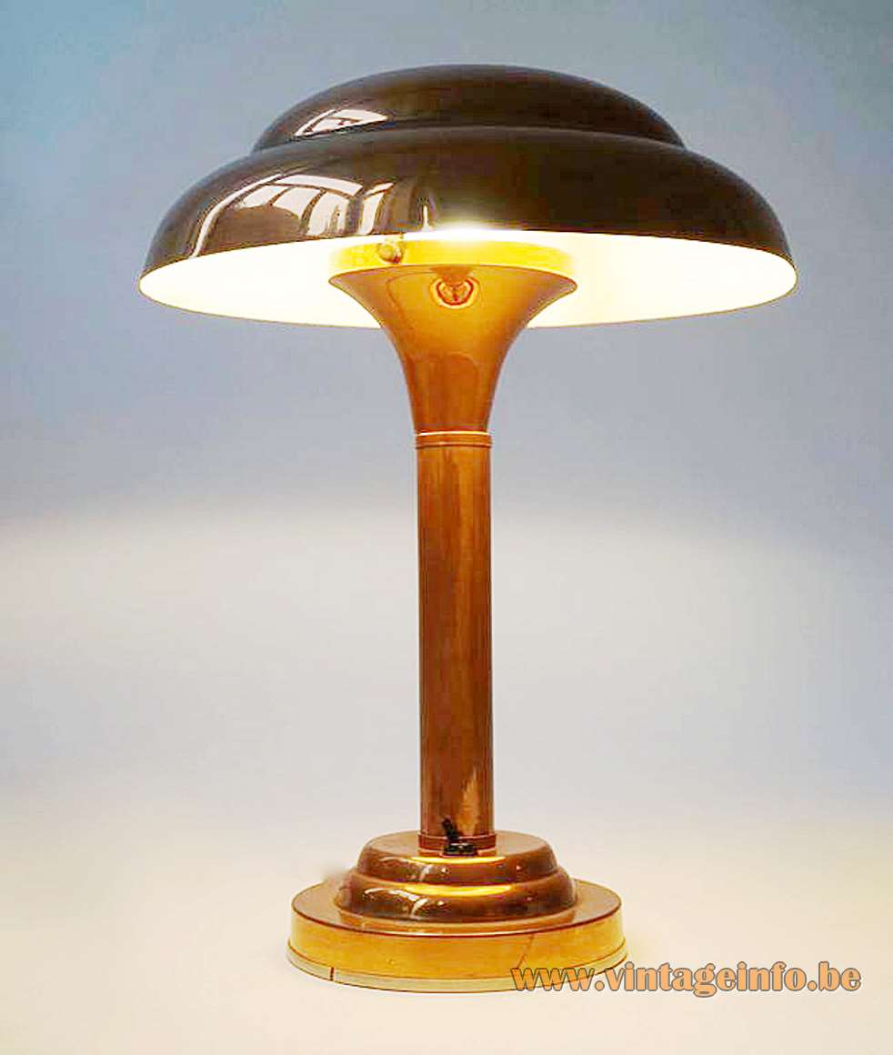 Copper art deco table lamp round base & rod mushroom lampshade Bauhaus 1920s 1930s 1940s E27 socket