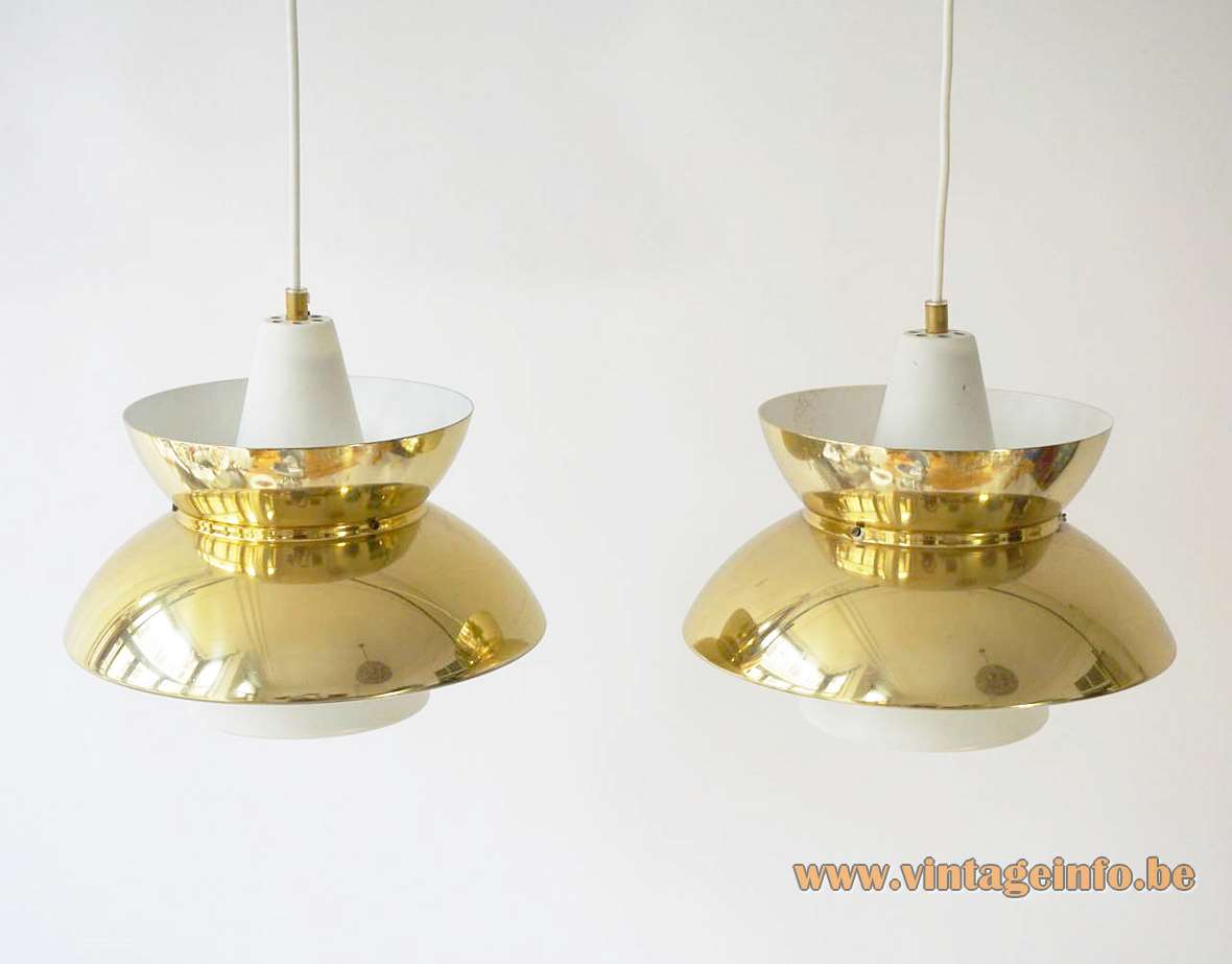 Louis Poulsen Doo-Wop pendant lamp design: Henning Klok brass lampshade white metal conical tube 1950s 1960s