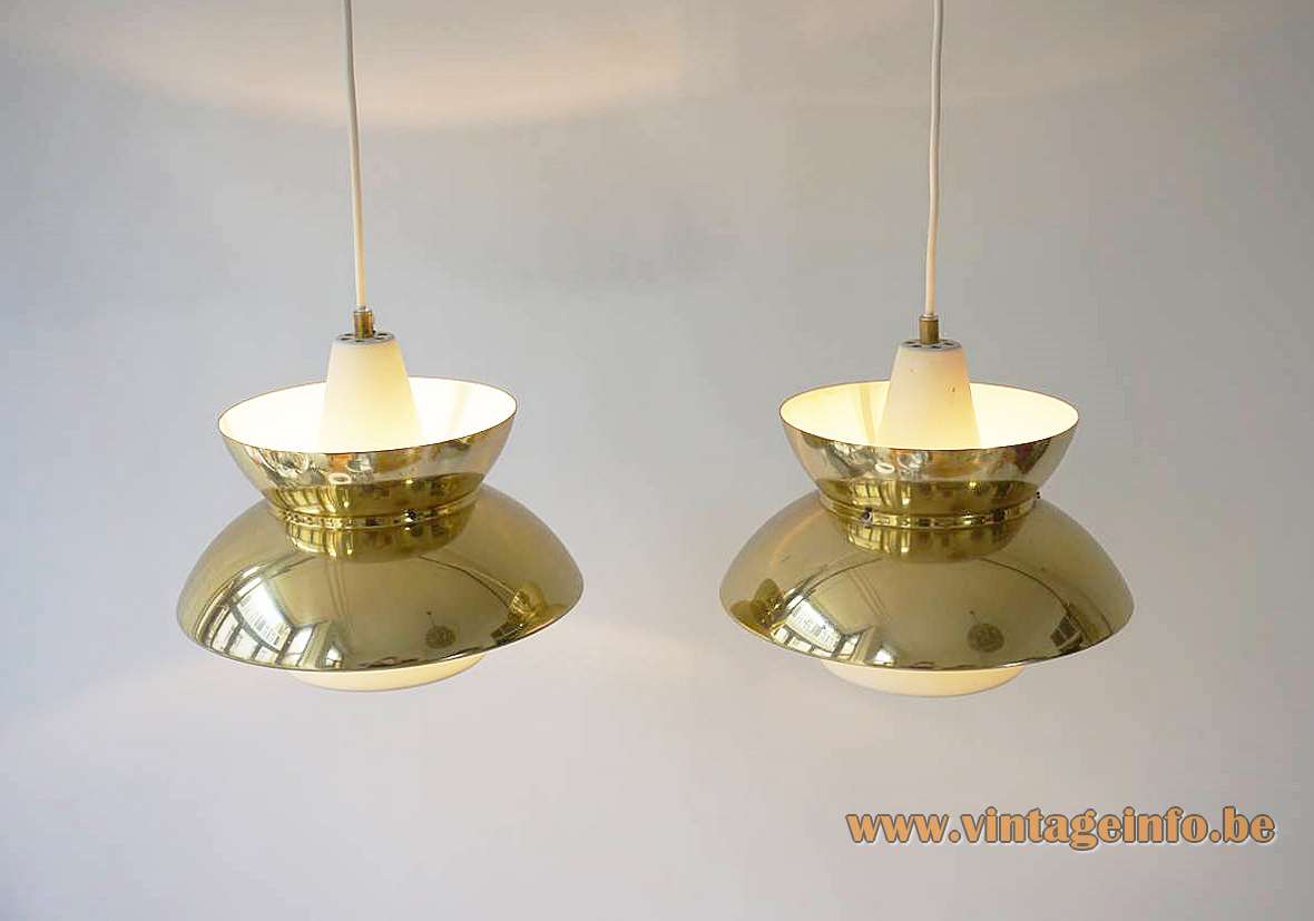 Louis Poulsen Doo-Wop pendant lamp design: Henning Klok brass lampshade white metal conical tube 1950s 1960s