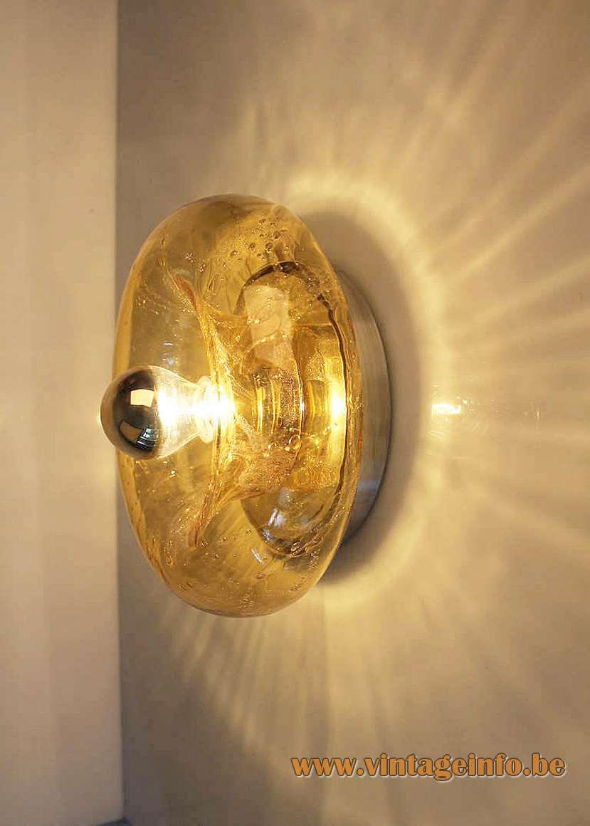 DORIA amber glass flush mount wall lamp round doughnut lampshade E27 socket Germany 1960s 1970s
