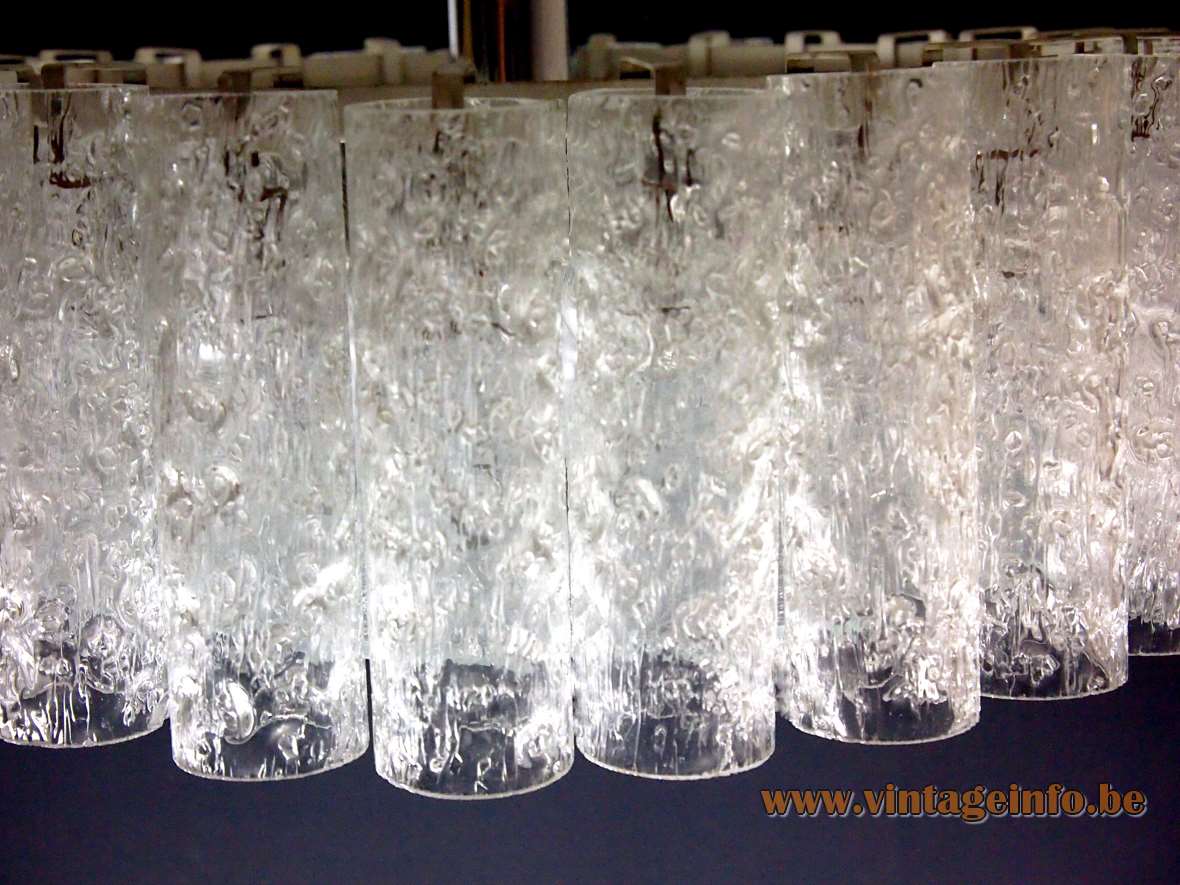 DORIA crystal glass tubes chandelier round lampshade 27 pipes big disc chrome frame Germany 1960s 1970s