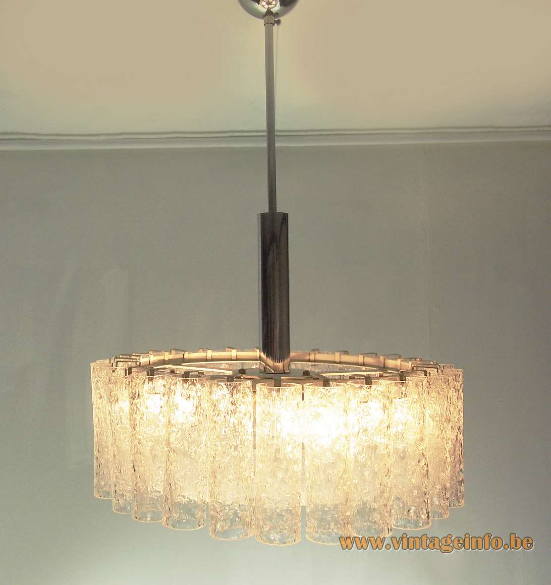 DORIA crystal glass tubes chandelier round lampshade 27 pipes big disc chrome frame Germany 1960s 1970s