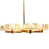 DORIA ice glass chandelier 8 ice block lampshade cups brass rods 1960s 1970s Germany E27 sockets