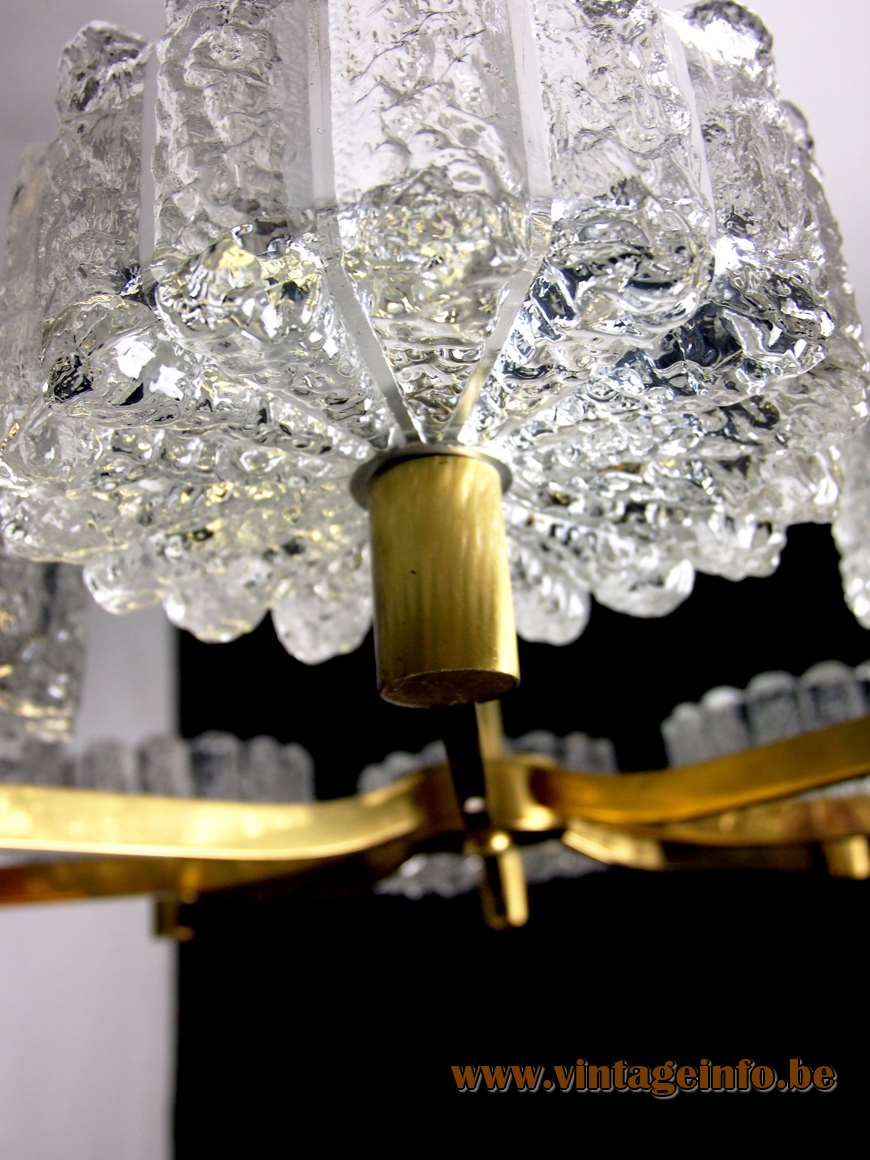 DORIA ice glass chandelier 8 ice block lampshade cups brass rods 1960s 1970s Germany E27 sockets