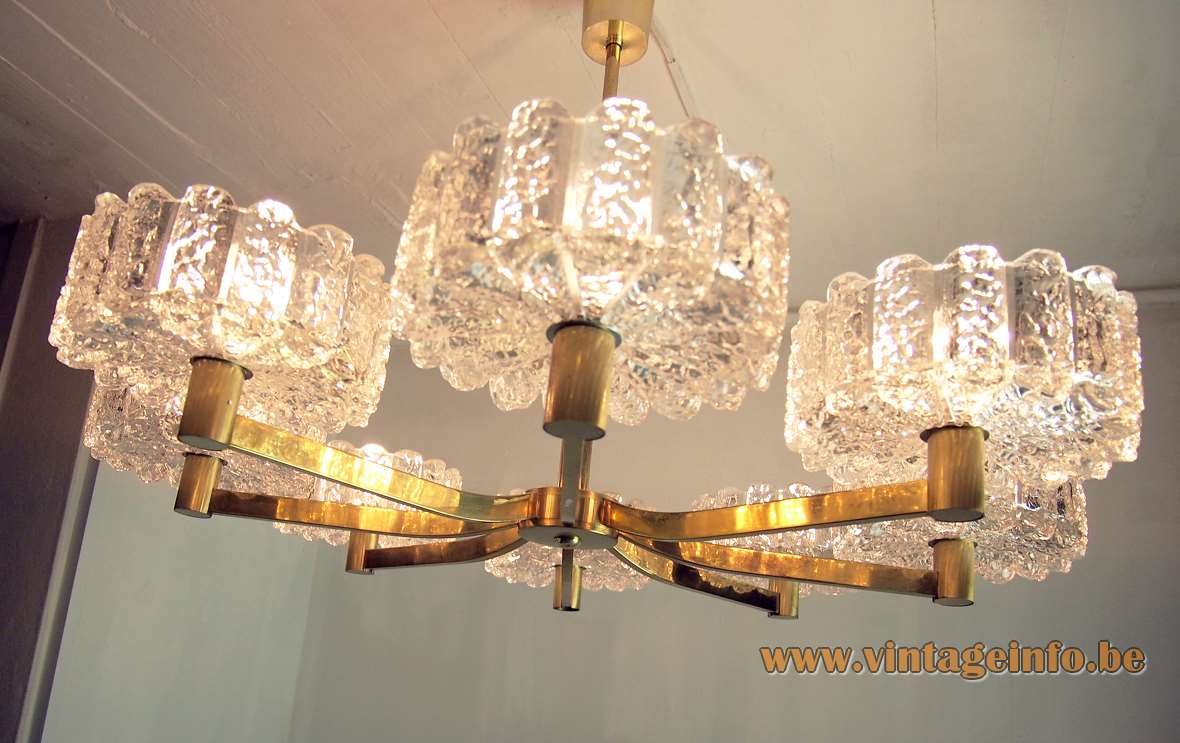 DORIA ice glass chandelier 8 ice block lampshade cups brass rods 1960s 1970s Germany E27 sockets