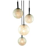 DORIA cascading snowball chandelier 4 pendant lamp glass globes chrome rods round white canopy 1960s 1970s