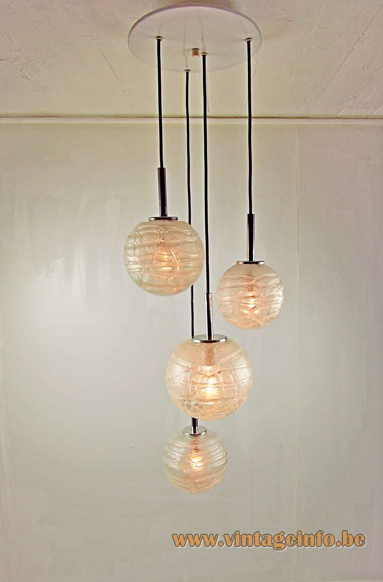DORIA cascading snowball chandelier 4 pendant lamp glass globes chrome rods round white canopy 1960s 1970s