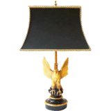 1970s eagle table lamp round black base gilded bird pagoda lampshade Loevsky USA Deknudt Maison Jansen