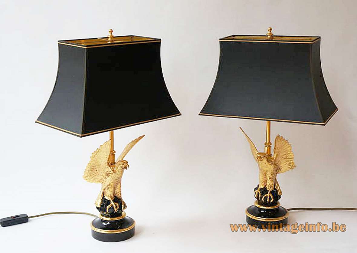 1970s eagle table lamp round black base gilded bird pagoda lampshade Loevsky USA Deknudt Maison Jansen